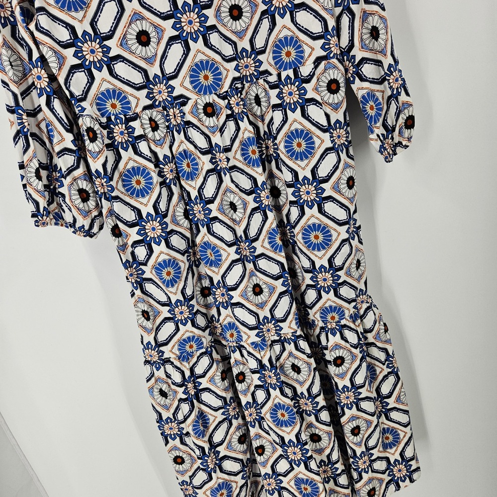 Maeve Anthropologie Bettina Tiered Shirt Dress Blue White Geometric Tile Print M - Picture 9 of 10